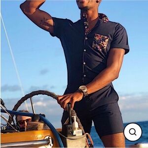 Romperjack Navy Short Sleeve Romper with Floral Accents